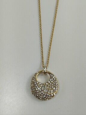 Ann Taylor Gold Tone Pavé Crystal Circle Pendant Necklace 30" Long Chain Signed